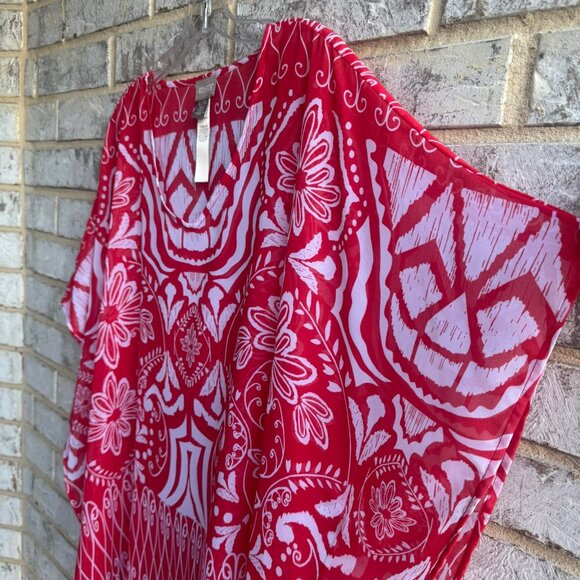 Chico's Red/White Floral Geo V-Neck Cover Up Sheer Blouse Size L/XL. - Picture 6 of 7